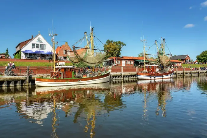 Framed Print : Harbor with shrimp boats in Greetsiel, East Frisia, North Sea, Germany, Europe Framed Print : Harbor with shrimp boats in Greetsiel, East Frisia, North Sea, Germany, Europe