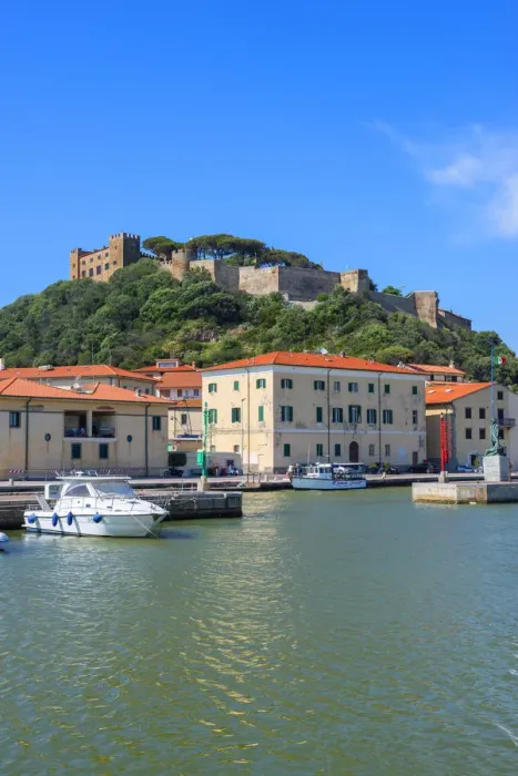 Framed Print : Harbour of Castiglione della Pescaia with fortress, Grosseto, Maremma, Tuscany, Italy