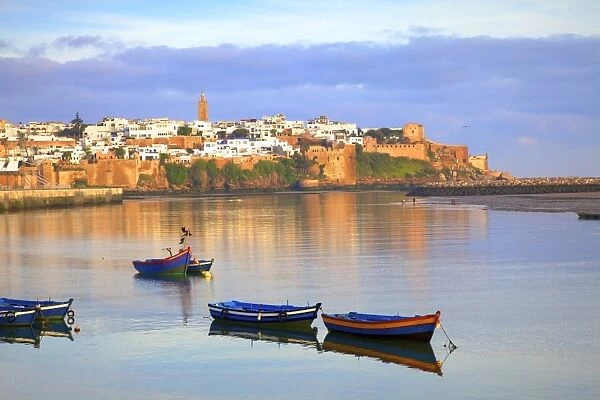 Harbour and Fishing Boats with Oudaia Kasbah and Coastline in Background, Rabat, Morocco