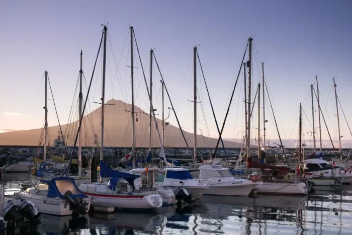 Framed Print : Harbour with volcanic island of Pico beyond Framed Print : Harbour with volcanic island of Pico beyond