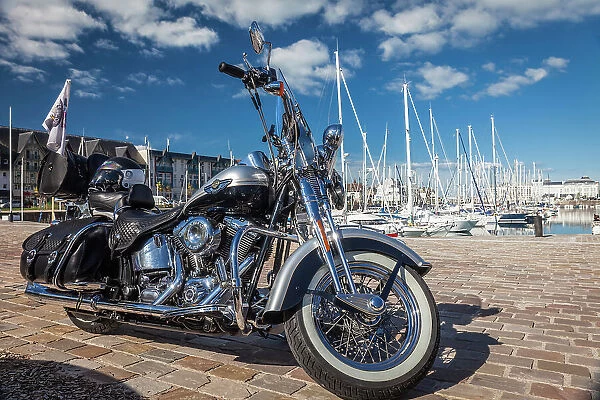 Harley-Davidson motorcycle at Deauville Marina, Cotentin Peninsula, Calvados, Normandy, France