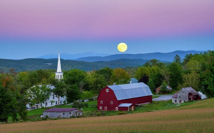 Framed Print : Harvest moon rising over white-steeple church and red barn, Green Mountains, Peacham, Vermont, USA Framed Print : Harvest moon rising over white-steeple church and red barn, Green Mountains, Peacham, Vermont, USA