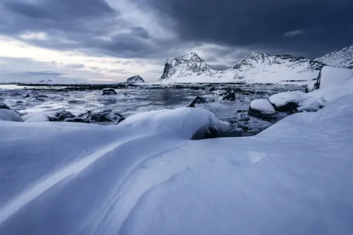 Framed Print : Haukland beach at twilight after heavy snowfalls, Lofoten islands, Norway Framed Print : Haukland beach at twilight after heavy snowfalls, Lofoten islands, Norway