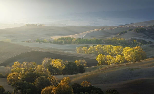 A hazy morning and an incoming storm provided some splendid contrasts to highlight the countryside views of the Val d Orcia, Tuscany, Italy