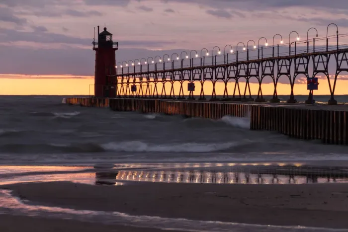 Framed Print : The headlight and the jekky with evening lighting overlooking the Lake Michigan Framed Print : The headlight and the jekky with evening lighting overlooking the Lake Michigan