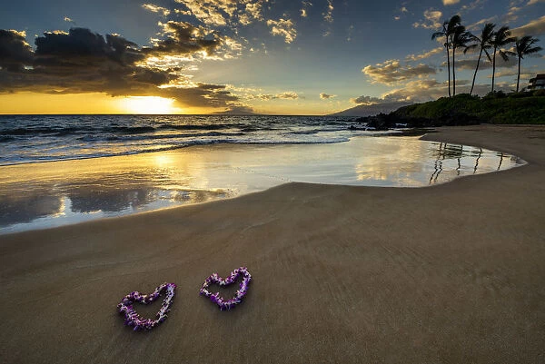 Heart-shaped Leis at Sunset, Wailea Beach, Maui, Hawaii, USA