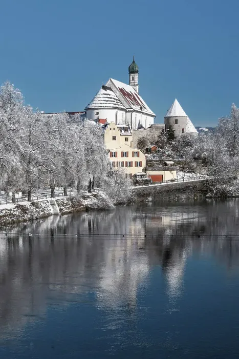 Framed Print : Heilig Geist Spital Church at Lech River, Fussen, Swabia, Bavarian Alps, Bavaria, Germany Framed Print : Heilig Geist Spital Church at Lech River, Fussen, Swabia, Bavarian Alps, Bavaria, Germany