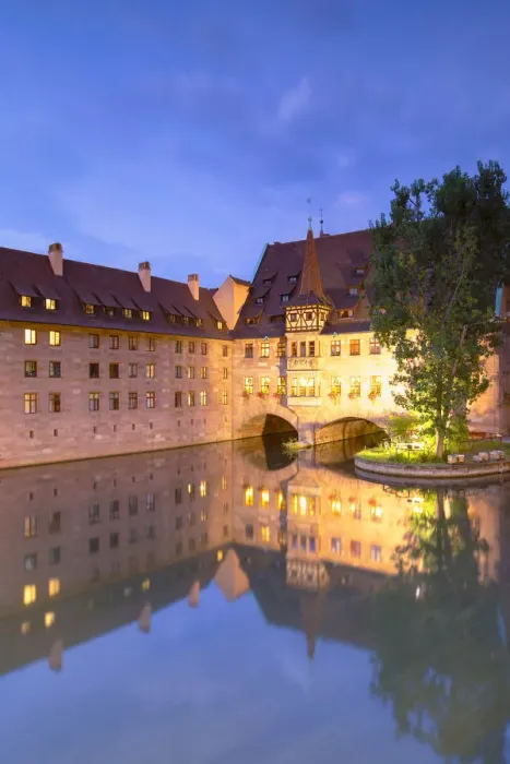 Framed Print : Heilig-Geist Spital on River Pegnitz at dusk, Nuremberg, Bavaria, Germany