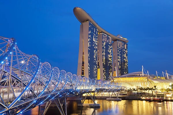 Helix bridge & Marina Bay Sands Hotel at dusk, Singapore