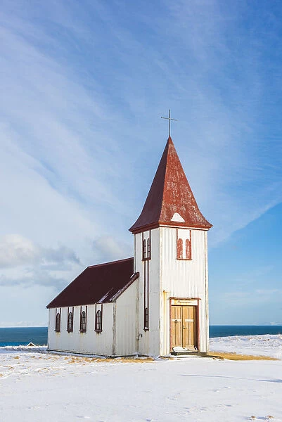 Hellnar, Snaefellsnes Peninsula, Western Iceland, Iceland. Hellnar church in winter