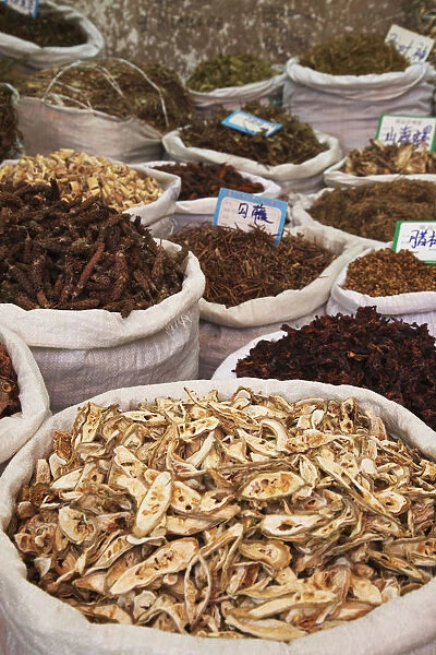 Herbs for sale at Chinese medicine market, Guangzhou, Guangdong Province, China