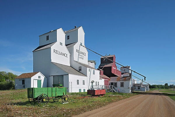 Heritage grain elevators with wagon Inglis, Manitoba, Canada