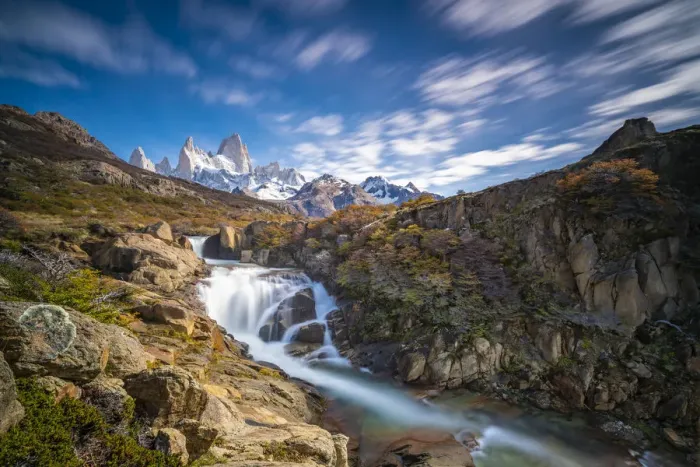 Framed Print : Hidden waterfall on Chorillo del Salto river in autumn, Los Glaciares National Park