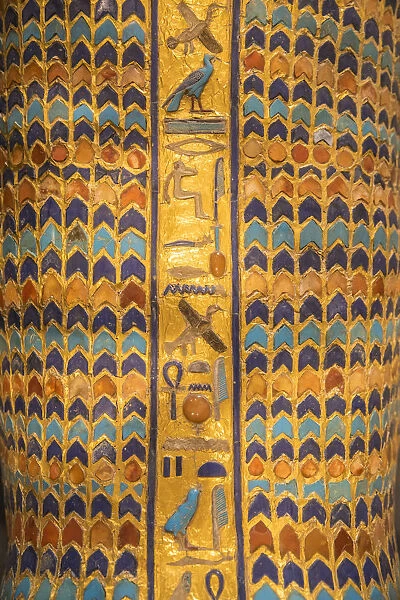 Hieroglyphs on a mummy, Egyptian Museum, Cairo, Egypt