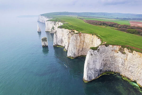 High angle aerial view of Old Harry Rocks, Jurassic Coast, UNESCO World Heritage Site, Swanage, Dorset, England