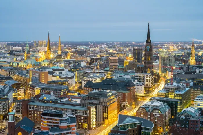 Framed Print : High angle view of central Hamburg city skyline at night, Hamburg, Germany, Europe Framed Print : High angle view of central Hamburg city skyline at night, Hamburg, Germany, Europe