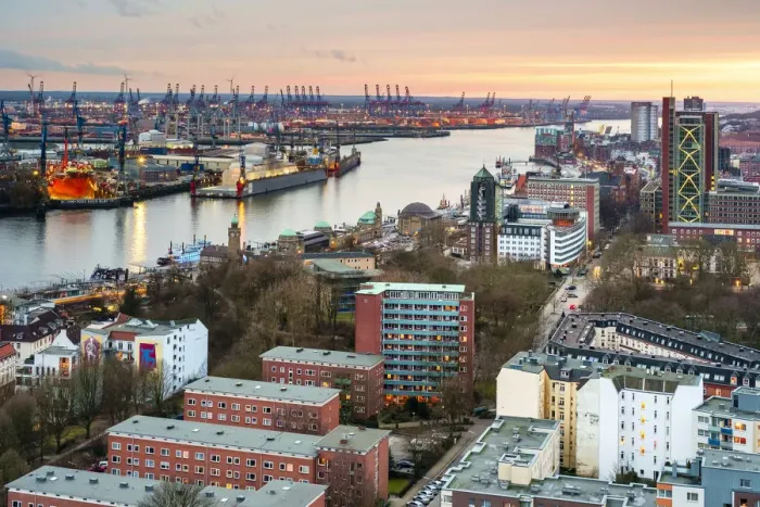 Framed Print : High Angle view of central Hamburg at sunset, Hamburg, Germany, Europe