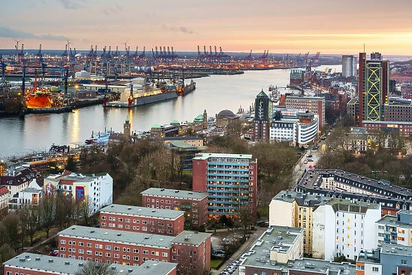 High Angle view of central Hamburg at sunset, Hamburg, Germany, Europe