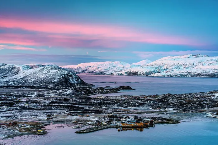 Framed Print : High angle view of the fishing village and harbor of Brensholmen covered with snow at dawn, Sommaroy, Troms county, Norway Framed Print : High angle view of the fishing village and harbor of Brensholmen covered with snow at dawn, Sommaroy, Troms county, Norway