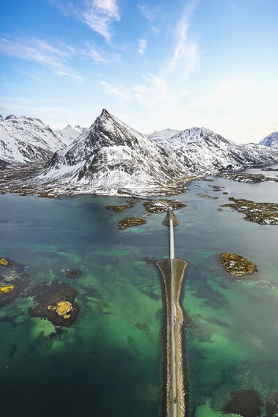 High angle view of Fredvang bridges, Lofoten Islands, Nordland, Norway