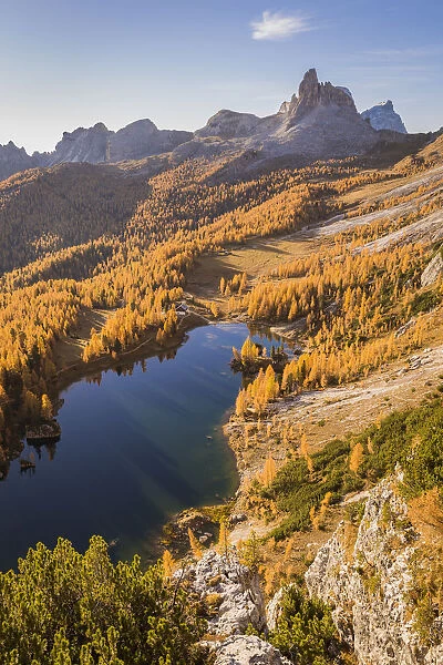High angle view of lake Federa, Cortina d Ampezzo, Belluno district, Veneto, Italy