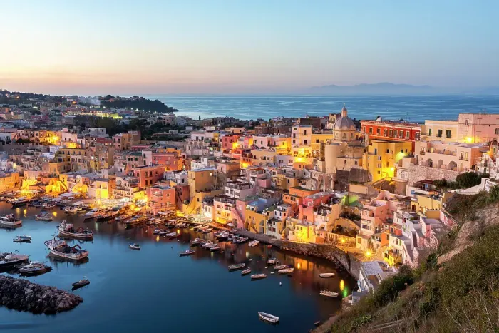 Framed Print : High angle view of the picturesque old town and harbor at dusk, Procida island, Gulf of Naples, Campania, Italy Framed Print : High angle view of the picturesque old town and harbor at dusk, Procida island, Gulf of Naples, Campania, Italy