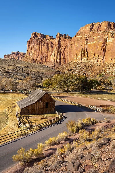 High angle view of road passing by historic Gifford or Fruita Barn, Fruita