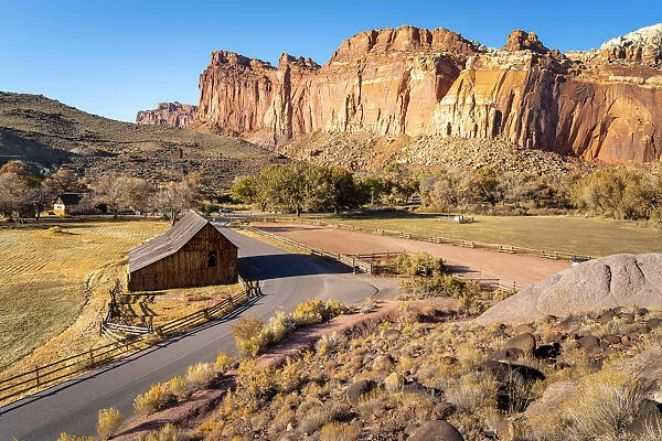 High angle view of road passing by historic Gifford or Fruita Barn, Fruita