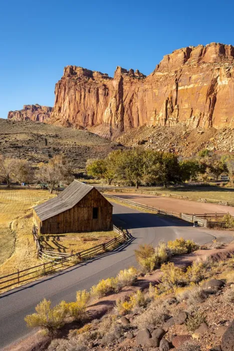 Framed Print : High angle view of road passing by historic Gifford or Fruita Barn, Fruita Framed Print : High angle view of road passing by historic Gifford or Fruita Barn, Fruita