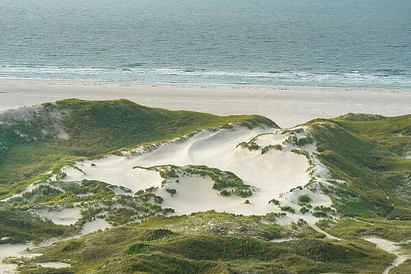 High angle view of sand dune landscape and beach near Wittdun, UNESCO, Amrum island, Nordfriesland, Schleswig-Holstein, Germany