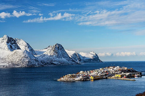 High angle view of the small island of Husoy in the middle of the cold sea, Senja, Troms county, Norway