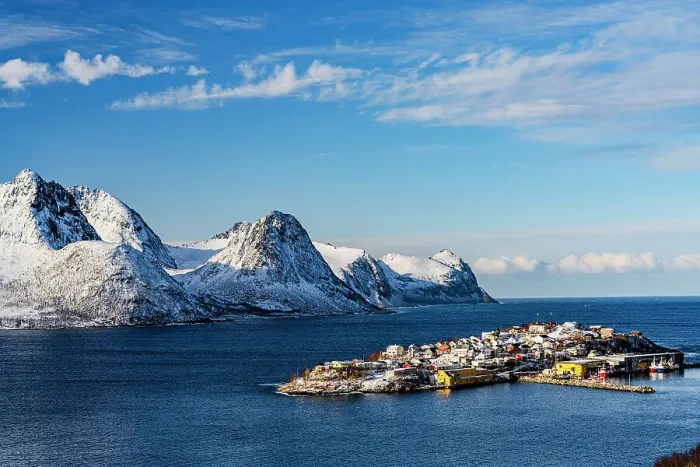 Framed Print : High angle view of the small island of Husoy in the middle of the cold sea, Senja, Troms county, Norway Framed Print : High angle view of the small island of Husoy in the middle of the cold sea, Senja, Troms county, Norway
