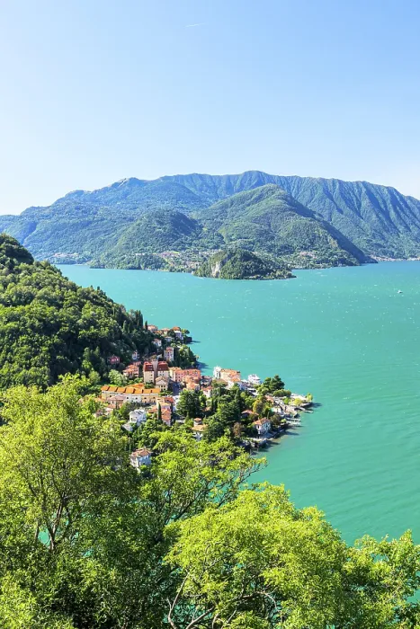 Framed Print : High angle view of Varenna and Bellagio surrounded by trees in summer, Lake Como, Lombardy, Italy
