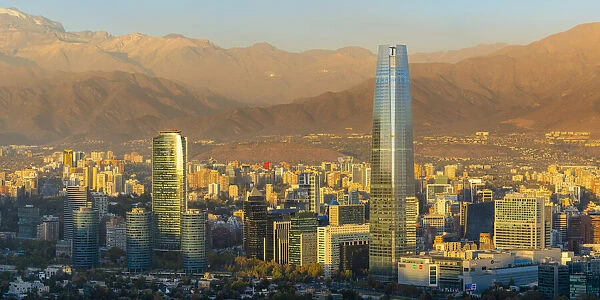 High-rise buildings of Providencia with Gran Torre Santiago at sunset, Santiago Province, Santiago Metropolitan Region, Chile