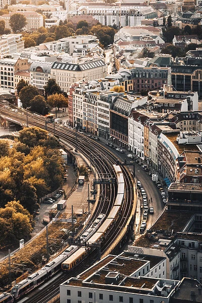 High view of railways near Alexanderplatz in Berlin, Germany