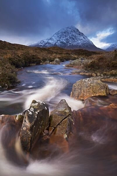 Highland stream running through Rannoch Moor towards Buachaille Etive Mor mountain, Scotland