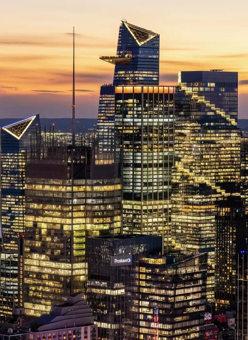Framed Print : Highrise buildings at sunset, including The Edge viewing deck at 30 Hudson Yards, from Top of the Rock (Rockefeller Centre), Manhattan, New York City, New York, USA