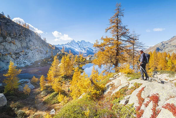 Hiker at Bellagarda Lakes, Ceresole Reale, Valle dell Orco, Gran Paradiso National Park