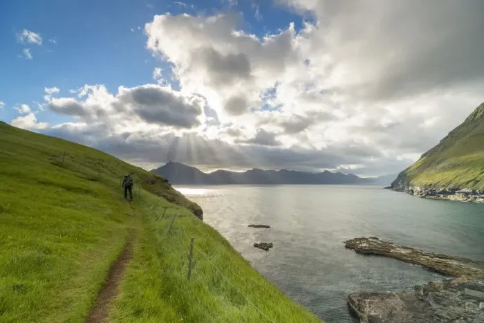 Framed Print : Hiker on grass hill oceanfront, Gjogv, Eysturoy island, Faroe Islands, Denmark (MR) Framed Print : Hiker on grass hill oceanfront, Gjogv, Eysturoy island, Faroe Islands, Denmark (MR)