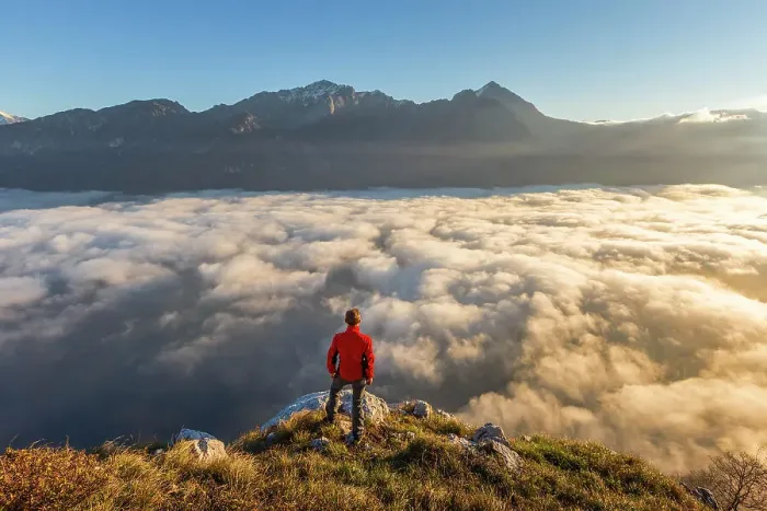 Framed Print : Hiker looks Grigna group and lake Como (ramo di Lecco) covered by the fog, Barni, Como and Lecco province, Lombardy, Italy (MR) Framed Print : Hiker looks Grigna group and lake Como (ramo di Lecco) covered by the fog, Barni, Como and Lecco province, Lombardy, Italy (MR)
