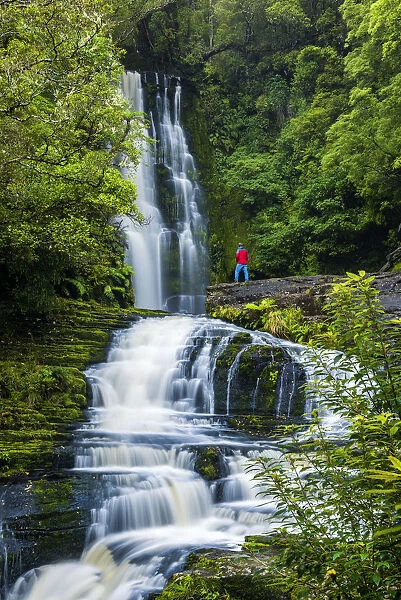 Hiker at McLean Falls, The Catlins, New Zealand