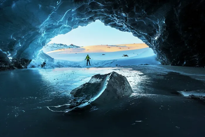 Framed Print : Hiker standing at the entrance of an ice cave in winter, Maso Corto, Bolzano province, Senales Valley (Schnalstal), Trentino-Alto Adige / South Tyrol, Italy (MR) Framed Print : Hiker standing at the entrance of an ice cave in winter, Maso Corto, Bolzano province, Senales Valley (Schnalstal), Trentino-Alto Adige / South Tyrol, Italy (MR)