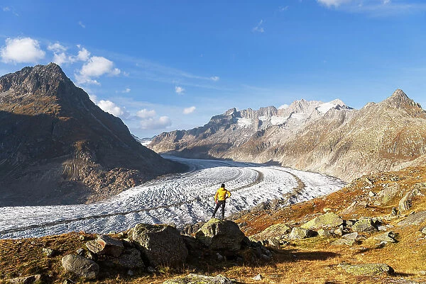 A hiker standing on top of a rock looking at the view of the Aletsch glacier, Bernese Alps, Valais canton, Switzerland (MR)