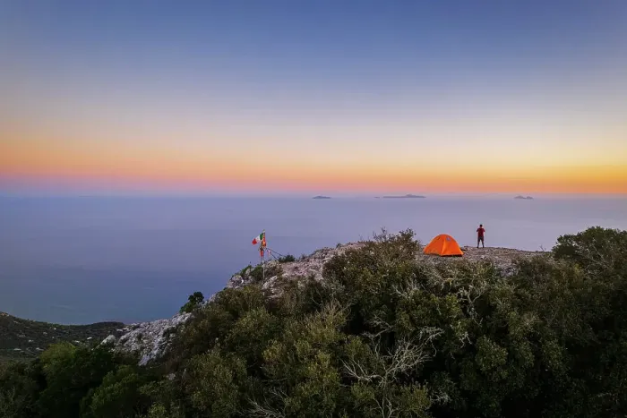 Framed Print : Hiker stands on top of Circeo peak near his tent enjoying the view of Pontine islands, Circeo National Park, Tyrrhenian sea, Mediterranean sea, Latina province, Latium, Italy (MR) Framed Print : Hiker stands on top of Circeo peak near his tent enjoying the view of Pontine islands, Circeo National Park, Tyrrhenian sea, Mediterranean sea, Latina province, Latium, Italy (MR)