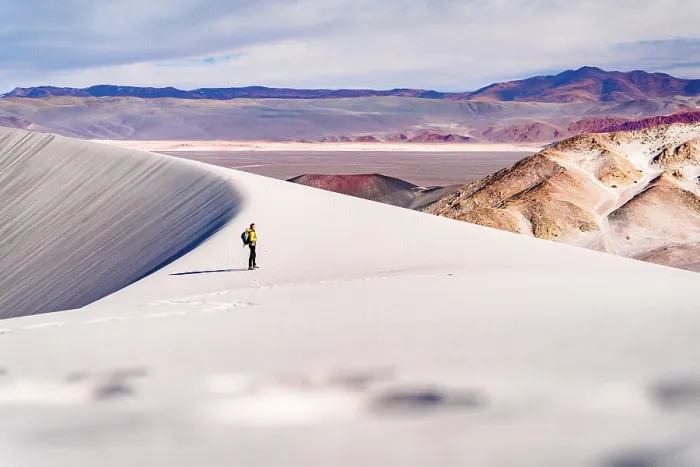 Framed Print : Hiker on white dunes admiring mountains, Campo de Piedra Pomez, El Penon, Puna, Catamarca, Argentina. (MR) Framed Print : Hiker on white dunes admiring mountains, Campo de Piedra Pomez, El Penon, Puna, Catamarca, Argentina. (MR)