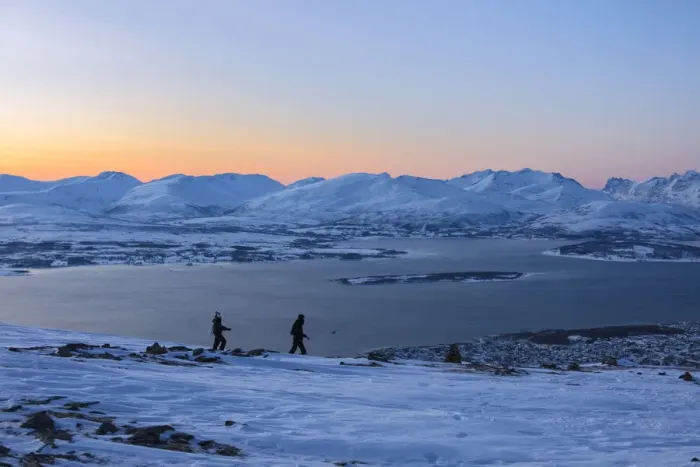 Framed Print : Hikers at dusk, Fjellheisen, Troms county, Norway