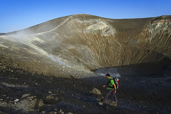 Hikers on the Gran craters, Vulcano Island, Aeolian, or Aeolian Islands, Sicily, Italy