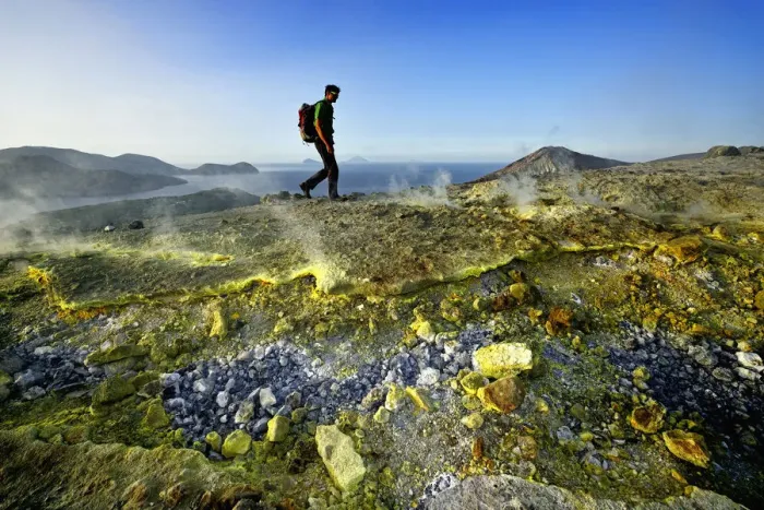 Framed Print : Hikers on the Gran craters walks through Steam, Vulcano Island, Aeolian, or Aeolian Framed Print : Hikers on the Gran craters walks through Steam, Vulcano Island, Aeolian, or Aeolian
