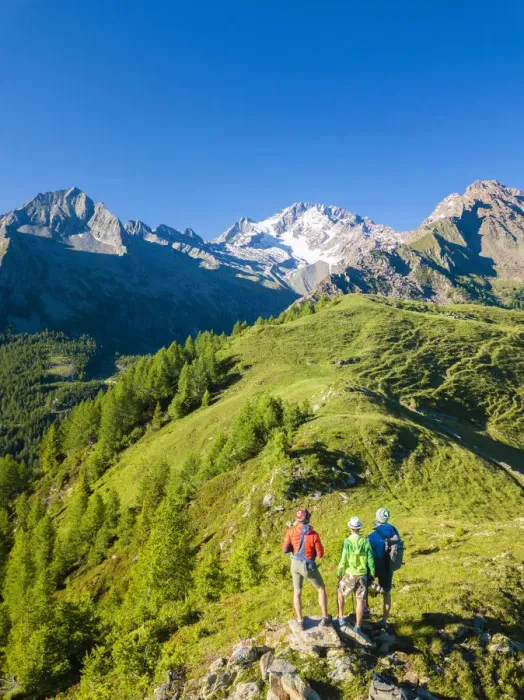 Framed Print : Hikers look towards Monte Disgrazia from Scermendone Alp, Sondrio province, Valtellina