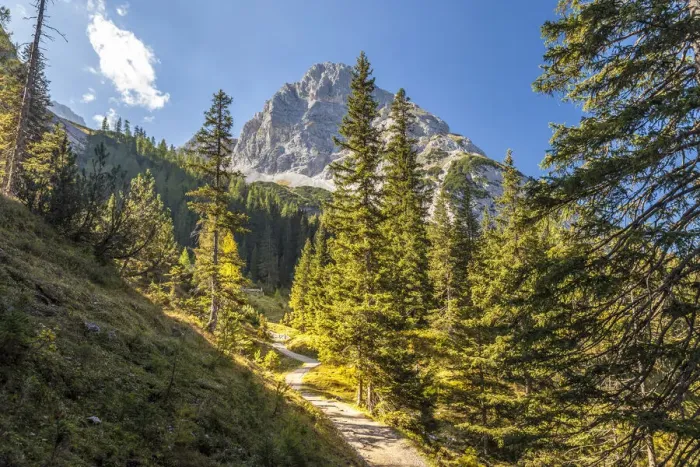 Framed Print : Hiking trail to Lake Seebensee in the Gais valley with a view of the Rauher Kopf Framed Print : Hiking trail to Lake Seebensee in the Gais valley with a view of the Rauher Kopf